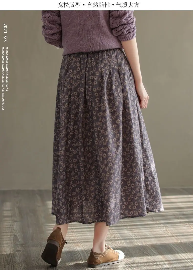 Women Casual Skirts New Arrival 2023 Autumn Vintage Style Floral Print Loose Comfortable Ladies Elegant A-line Long Skirt D536