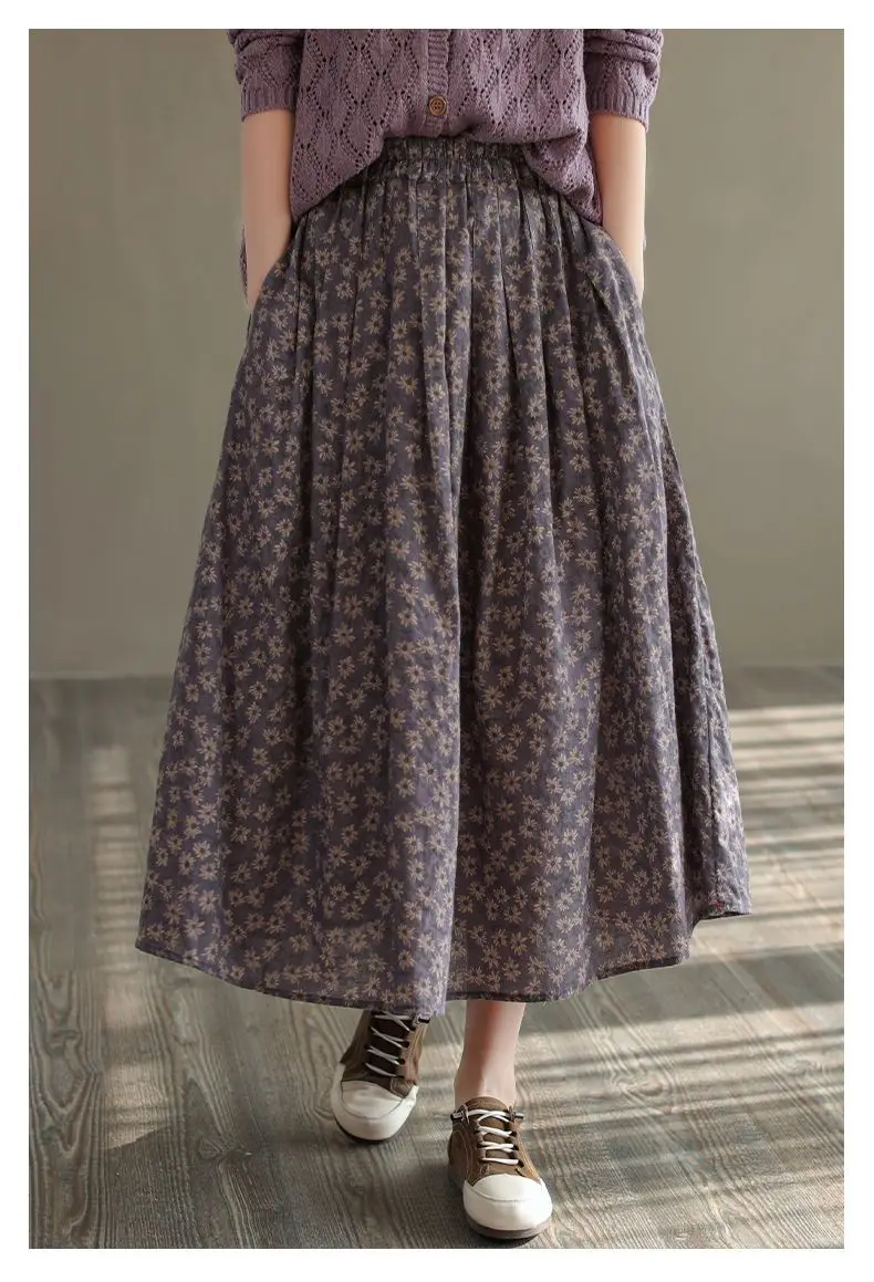 Women Casual Skirts New Arrival 2023 Autumn Vintage Style Floral Print Loose Comfortable Ladies Elegant A-line Long Skirt D536