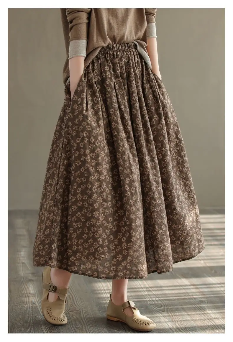 Women Casual Skirts New Arrival 2023 Autumn Vintage Style Floral Print Loose Comfortable Ladies Elegant A-line Long Skirt D536