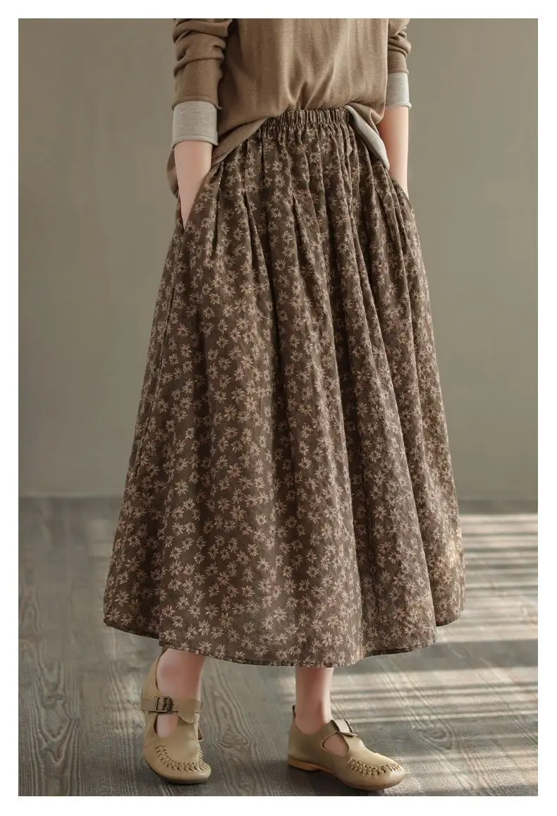 Women Casual Skirts New Arrival 2023 Autumn Vintage Style Floral Print Loose Comfortable Ladies Elegant A-line Long Skirt D536
