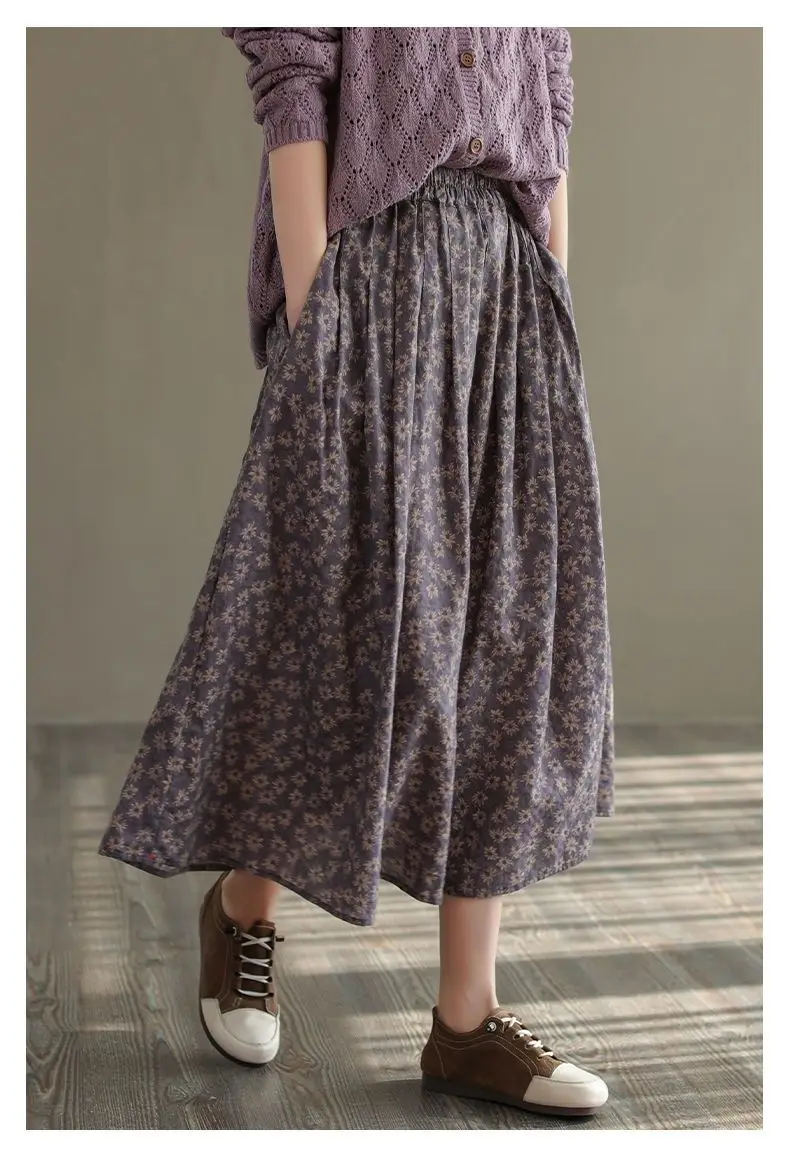 Women Casual Skirts New Arrival 2023 Autumn Vintage Style Floral Print Loose Comfortable Ladies Elegant A-line Long Skirt D536
