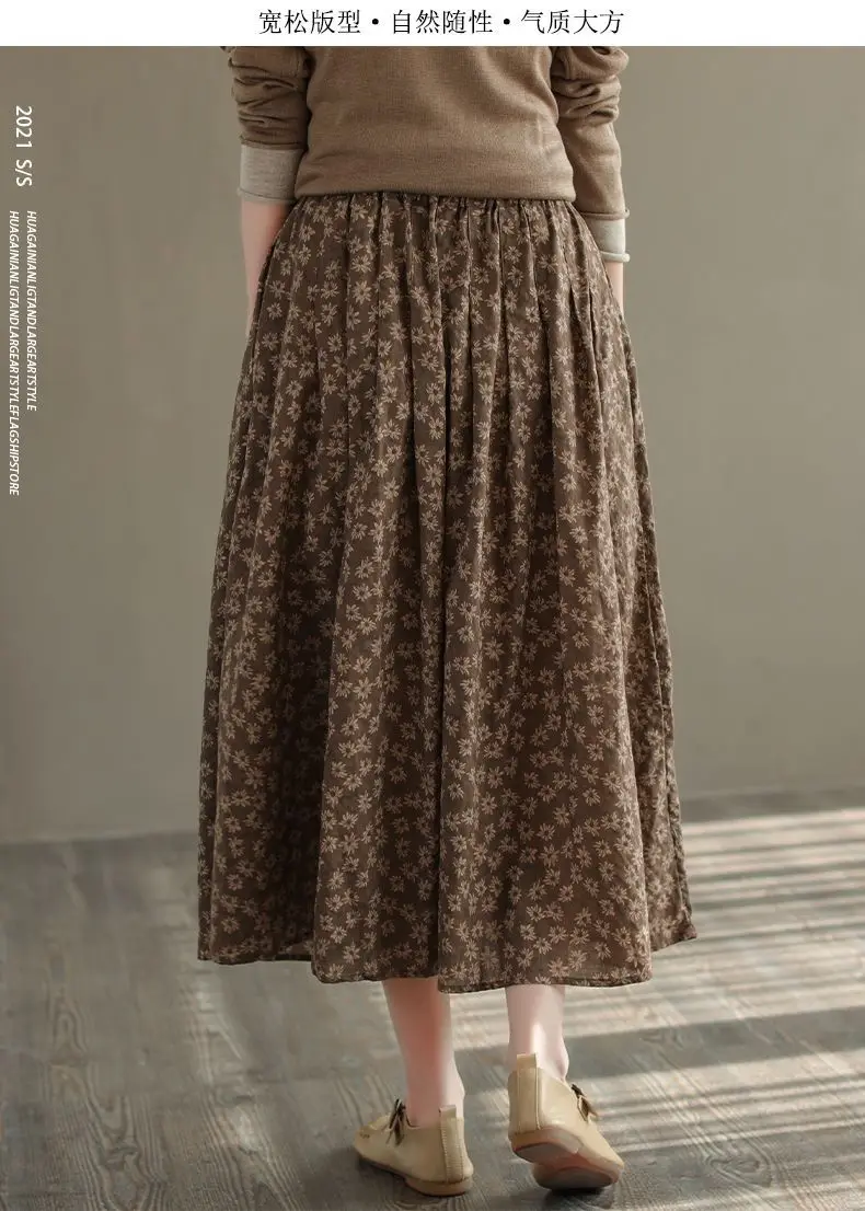 Women Casual Skirts New Arrival 2023 Autumn Vintage Style Floral Print Loose Comfortable Ladies Elegant A-line Long Skirt D536