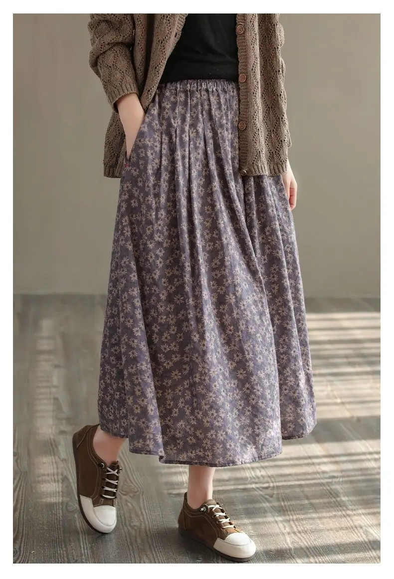 Women Casual Skirts New Arrival 2023 Autumn Vintage Style Floral Print Loose Comfortable Ladies Elegant A-line Long Skirt D536