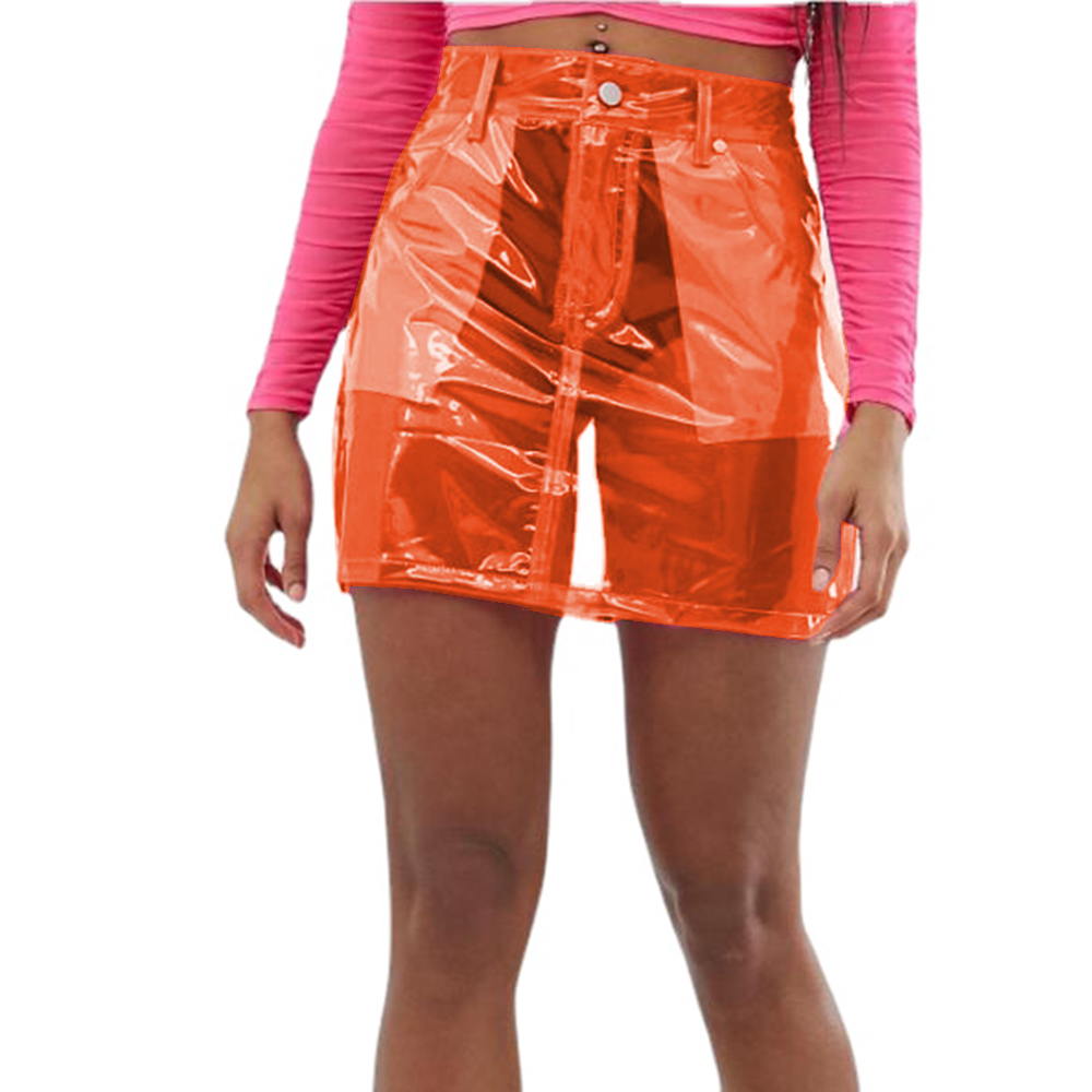 Women Short Skirts Front Zipper and Snap Sexy Slim Transparency PVC Leather Mini Skirt Perspective Leotard Pencil Skirts S-7XL