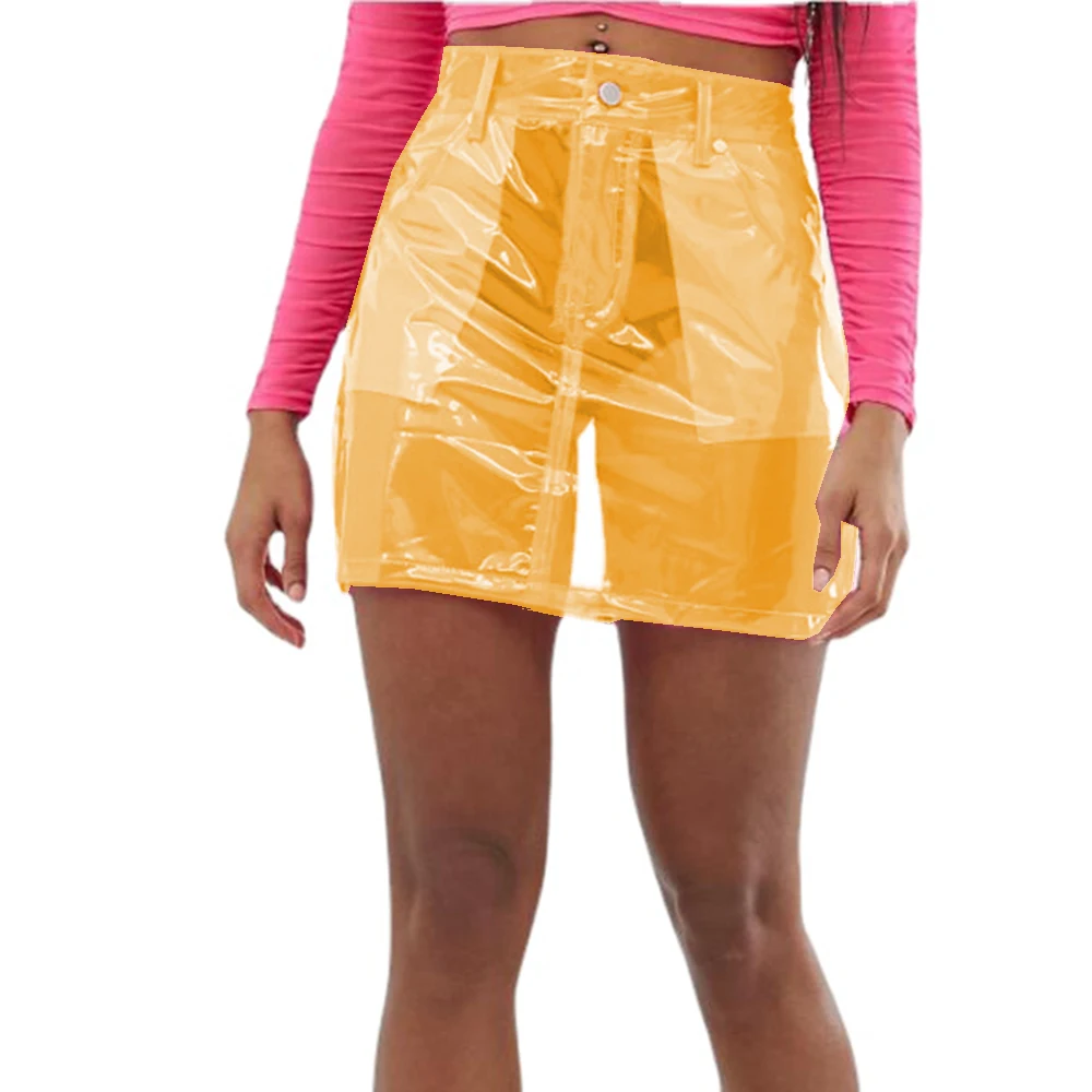 Women Short Skirts Front Zipper and Snap Sexy Slim Transparency PVC Leather Mini Skirt Perspective Leotard Pencil Skirts S-7XL