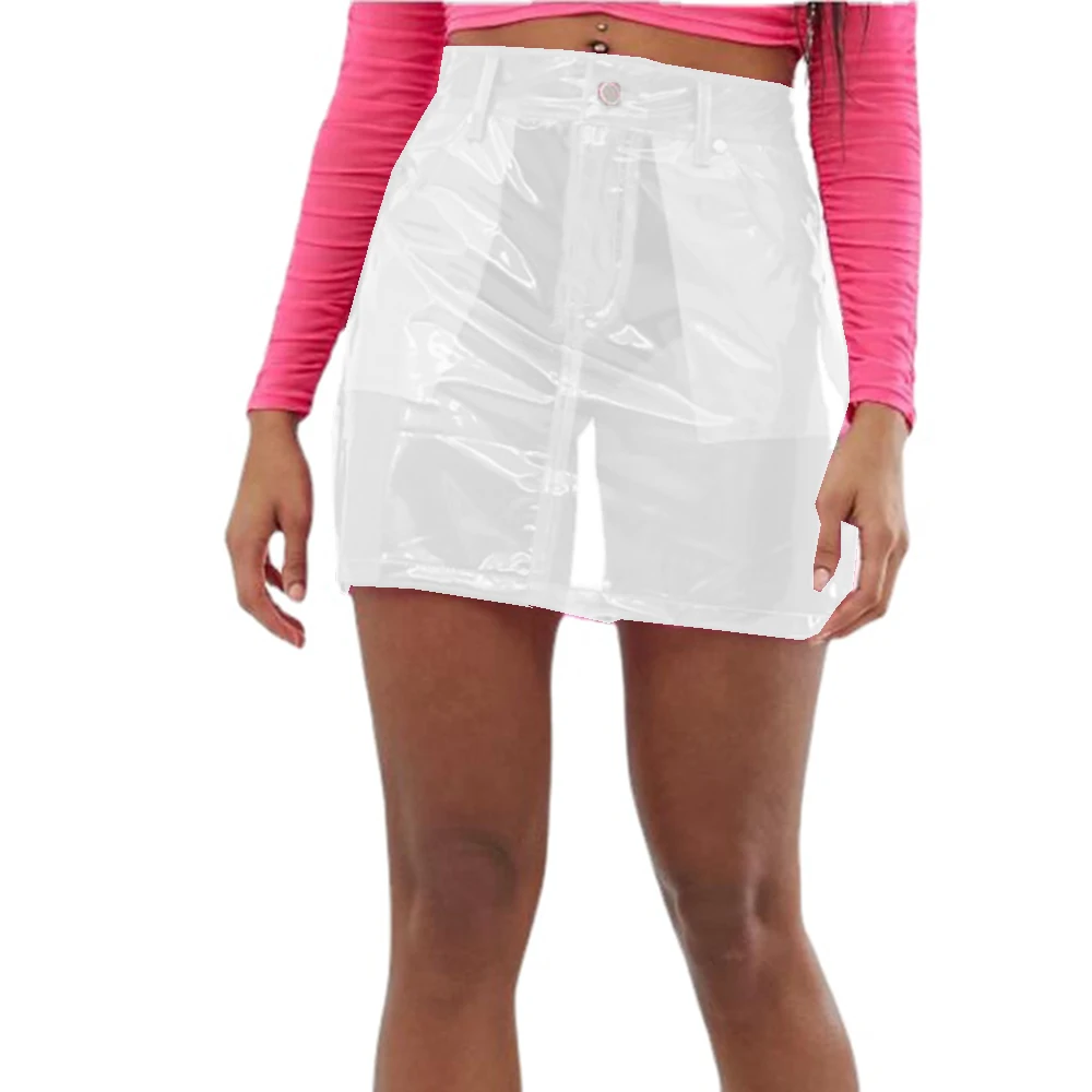 Women Short Skirts Front Zipper and Snap Sexy Slim Transparency PVC Leather Mini Skirt Perspective Leotard Pencil Skirts S-7XL