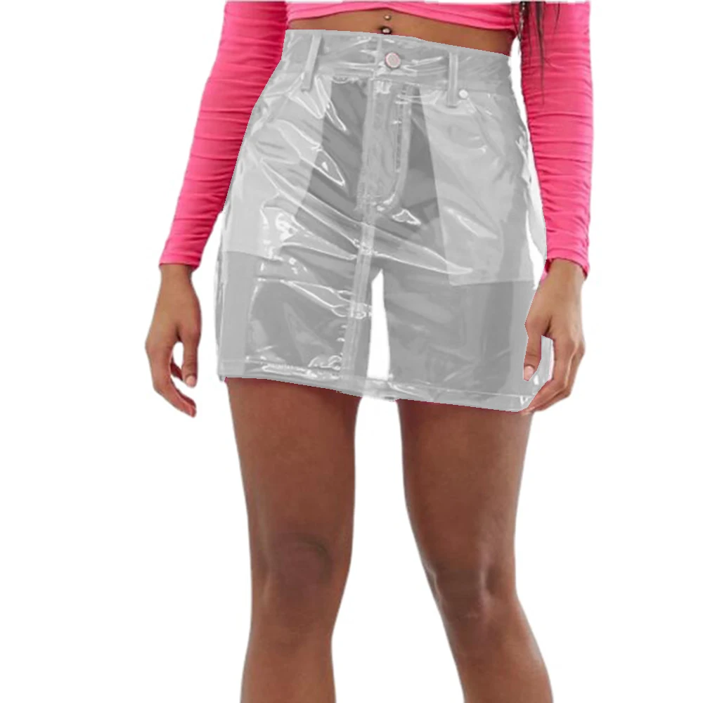 Women Short Skirts Front Zipper and Snap Sexy Slim Transparency PVC Leather Mini Skirt Perspective Leotard Pencil Skirts S-7XL