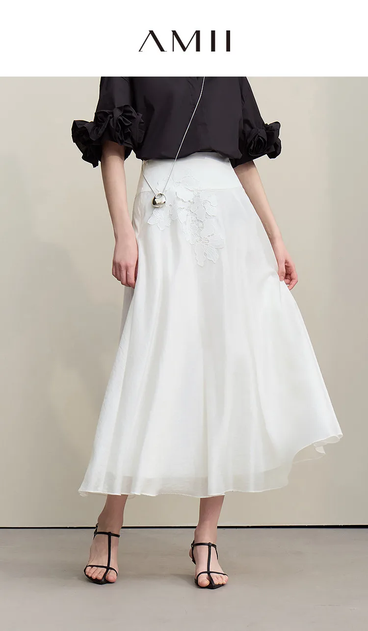 Amii Women's A-Line Skirt 2026 Summer New Elegant Lace Trim Midi Skirt Versatile Casual Loose Fit Solid Woman Clothes 12622031