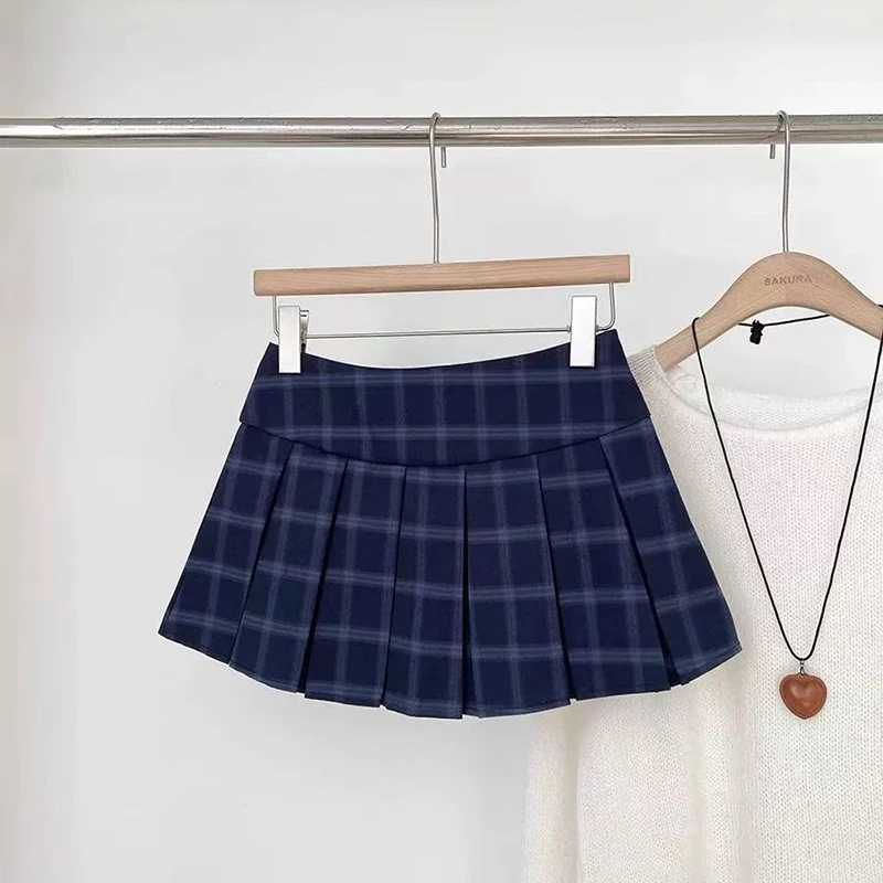 Blue Plaid Pleated Skirts for Women Vintage High Waist Preppy All Match Mini Skirts Y2K Summer Female Sweet Jk Dance Skirts new