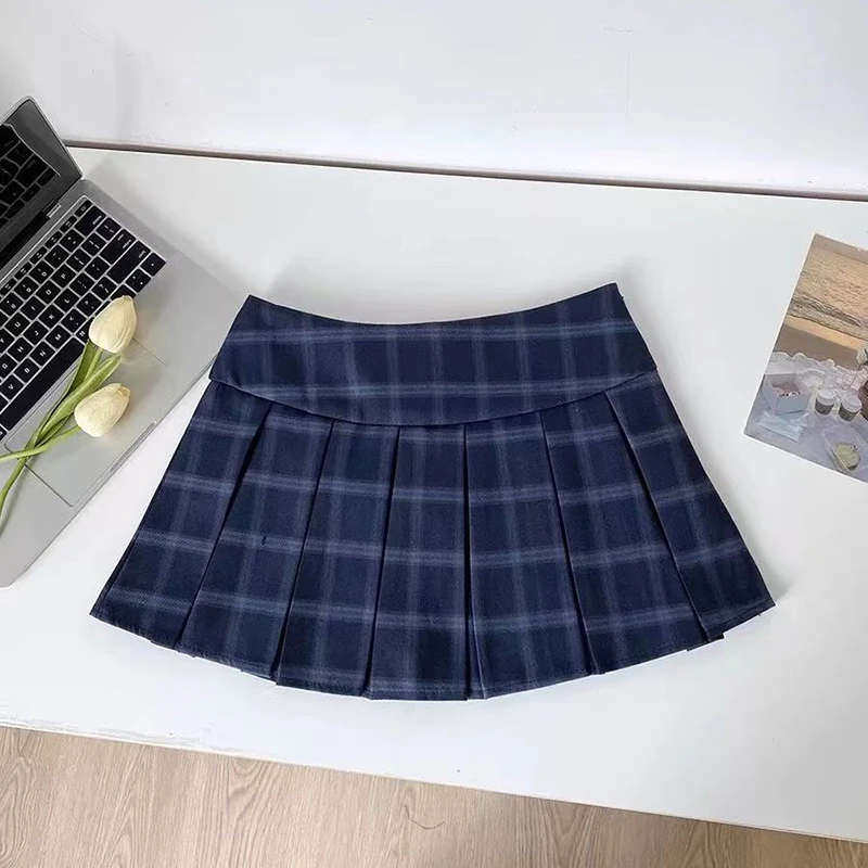 Blue Plaid Pleated Skirts for Women Vintage High Waist Preppy All Match Mini Skirts Y2K Summer Female Sweet Jk Dance Skirts new
