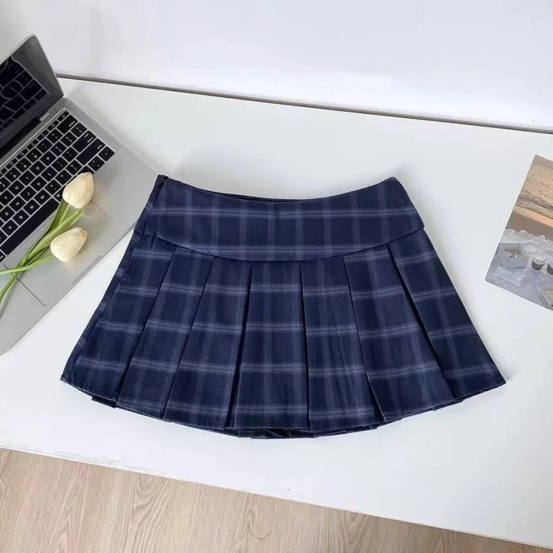 Blue Plaid Pleated Skirts for Women Vintage High Waist Preppy All Match Mini Skirts Y2K Summer Female Sweet Jk Dance Skirts new