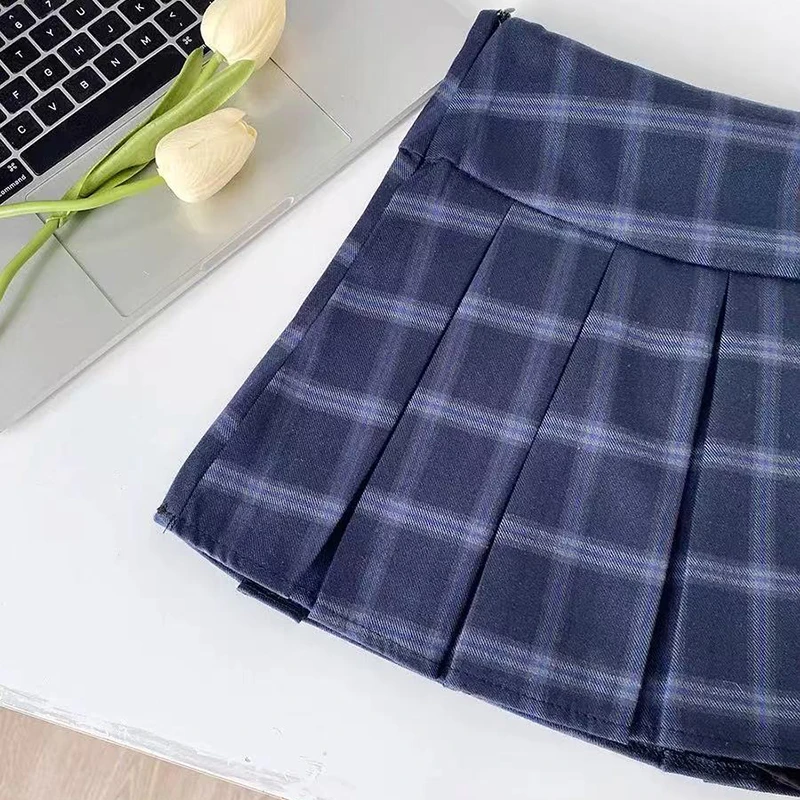 Blue Plaid Pleated Skirts for Women Vintage High Waist Preppy All Match Mini Skirts Y2K Summer Female Sweet Jk Dance Skirts new