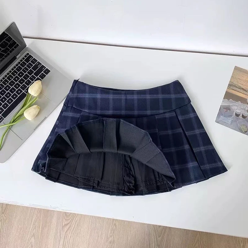 Blue Plaid Pleated Skirts for Women Vintage High Waist Preppy All Match Mini Skirts Y2K Summer Female Sweet Jk Dance Skirts new