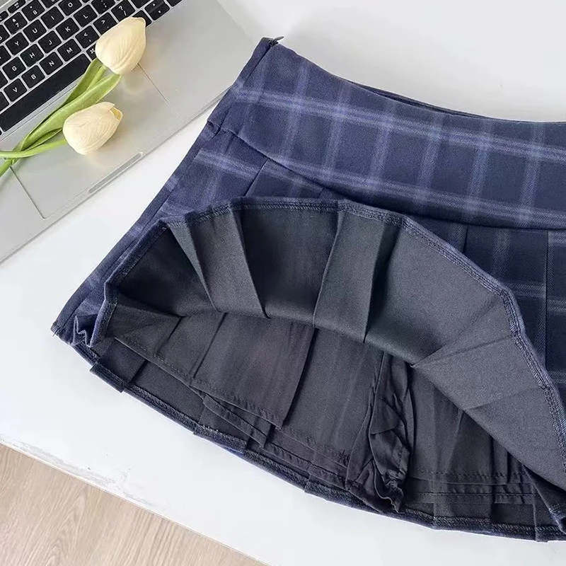 Blue Plaid Pleated Skirts for Women Vintage High Waist Preppy All Match Mini Skirts Y2K Summer Female Sweet Jk Dance Skirts new