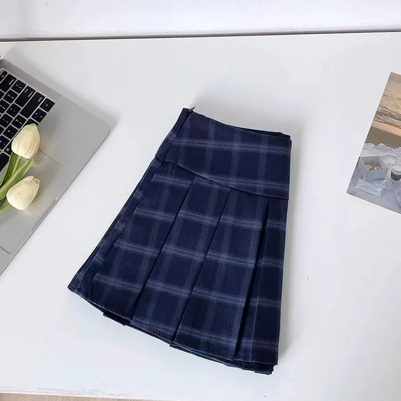 Blue Plaid Pleated Skirts for Women Vintage High Waist Preppy All Match Mini Skirts Y2K Summer Female Sweet Jk Dance Skirts new