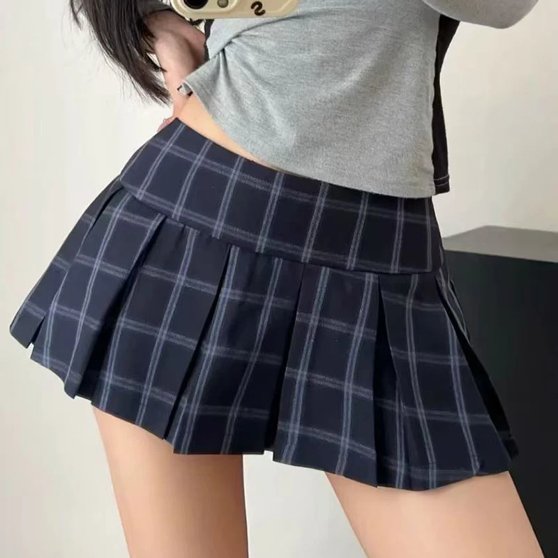 Blue Plaid Pleated Skirts for Women Vintage High Waist Preppy All Match Mini Skirts Y2K Summer Female Sweet Jk Dance Skirts new