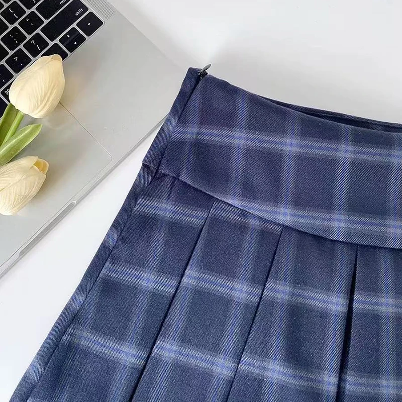 Blue Plaid Pleated Skirts for Women Vintage High Waist Preppy All Match Mini Skirts Y2K Summer Female Sweet Jk Dance Skirts new