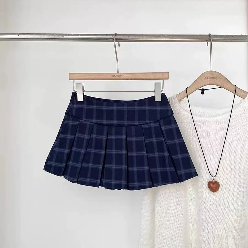Blue Plaid Pleated Skirts for Women Vintage High Waist Preppy All Match Mini Skirts Y2K Summer Female Sweet Jk Dance Skirts new