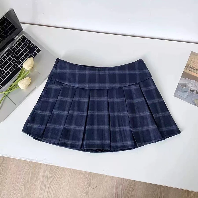 Blue Plaid Pleated Skirts for Women Vintage High Waist Preppy All Match Mini Skirts Y2K Summer Female Sweet Jk Dance Skirts new