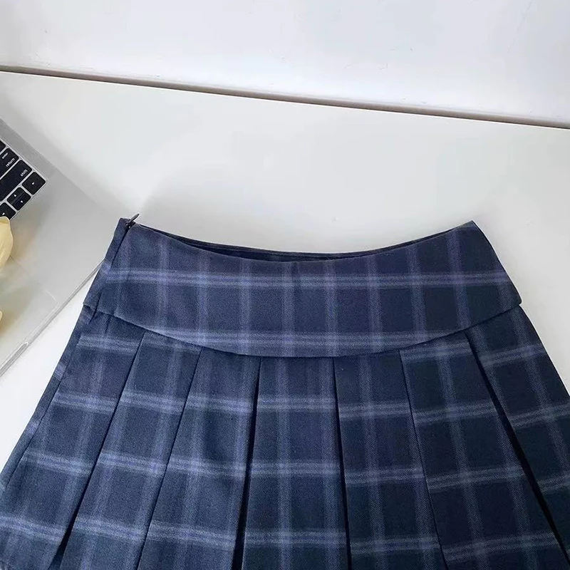 Blue Plaid Pleated Skirts for Women Vintage High Waist Preppy All Match Mini Skirts Y2K Summer Female Sweet Jk Dance Skirts new