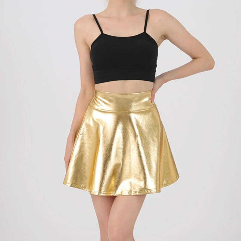 Women Sparkling Metallic Pleated Mini Skirt Elastic High Waist PU Shining Flared Short Skater Skirt for Party Club Daily Wear
