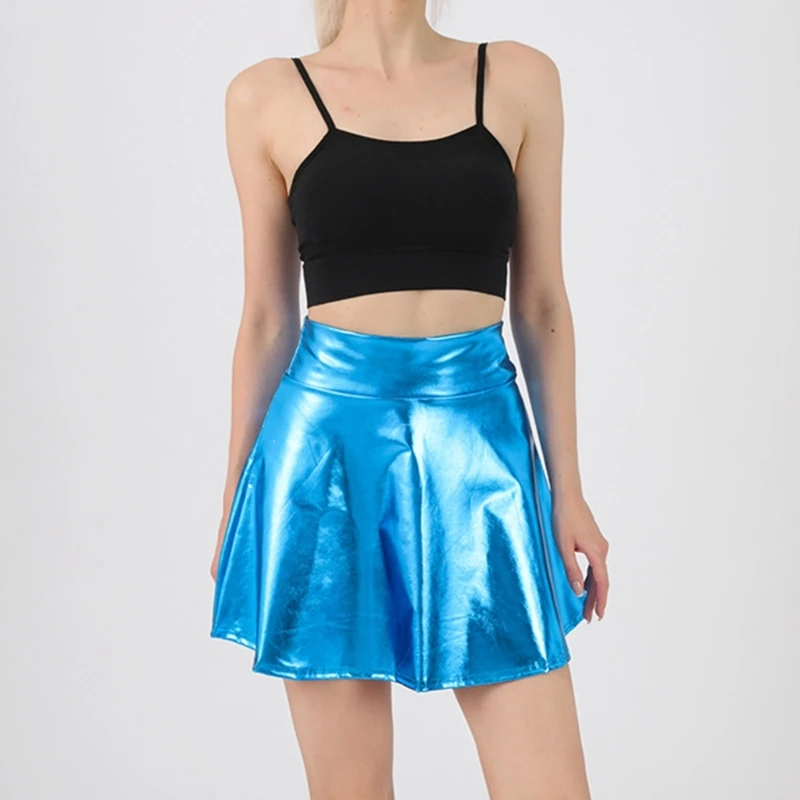 Women Sparkling Metallic Pleated Mini Skirt Elastic High Waist PU Shining Flared Short Skater Skirt for Party Club Daily Wear