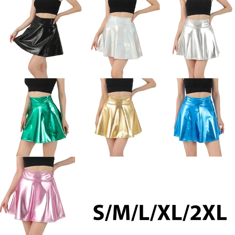 Women Sparkling Metallic Pleated Mini Skirt Elastic High Waist PU Shining Flared Short Skater Skirt for Party Club Daily Wear