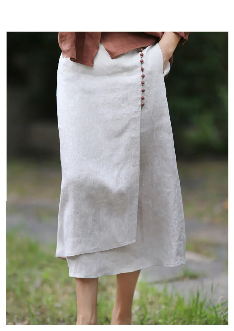 Literary Cotton Linen Split Skirt Women Single Breasted Midi A-Line Skirts Vintage Asymmetric Skirts Slimming