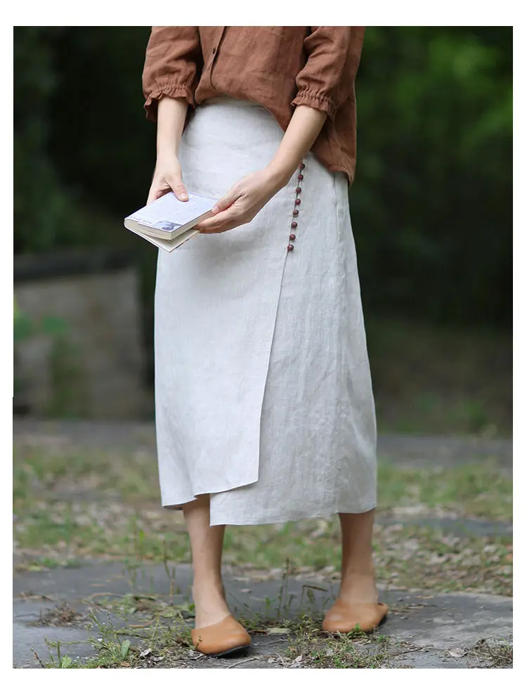 Literary Cotton Linen Split Skirt Women Single Breasted Midi A-Line Skirts Vintage Asymmetric Skirts Slimming