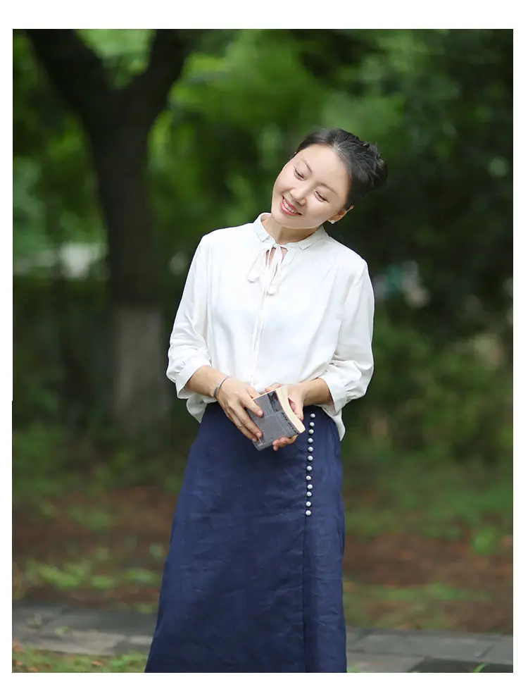 Literary Cotton Linen Split Skirt Women Single Breasted Midi A-Line Skirts Vintage Asymmetric Skirts Slimming