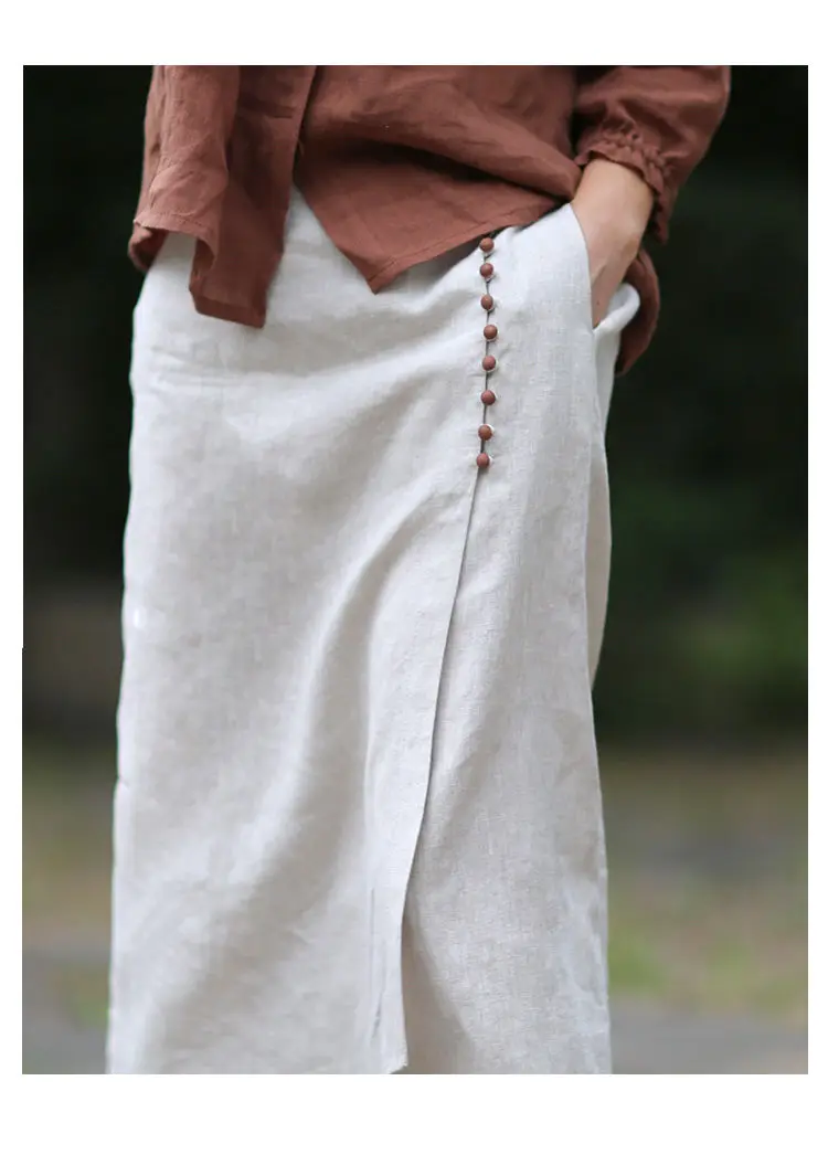 Literary Cotton Linen Split Skirt Women Single Breasted Midi A-Line Skirts Vintage Asymmetric Skirts Slimming