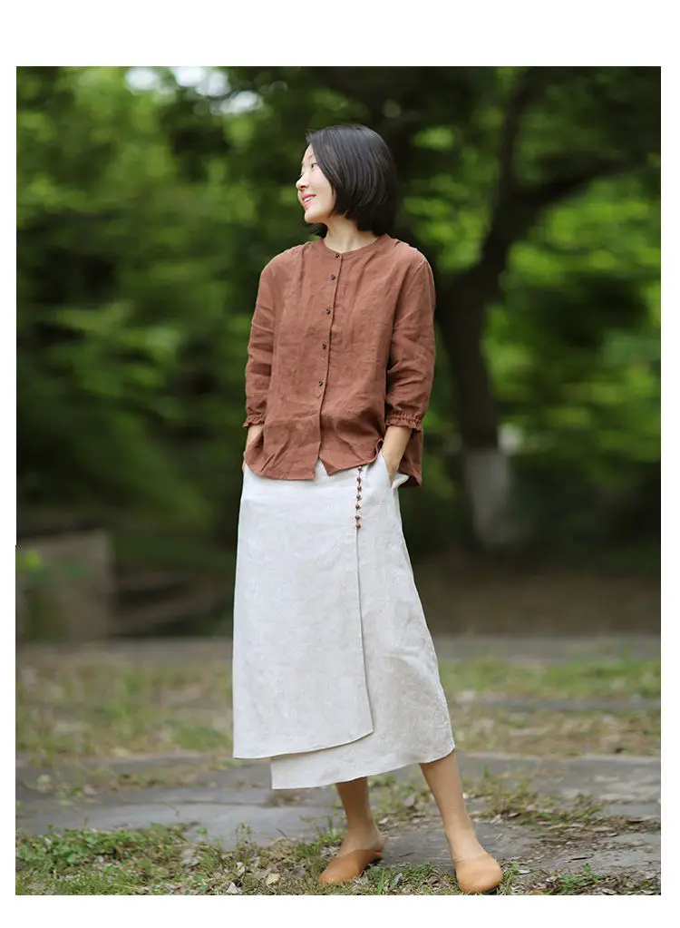 Literary Cotton Linen Split Skirt Women Single Breasted Midi A-Line Skirts Vintage Asymmetric Skirts Slimming