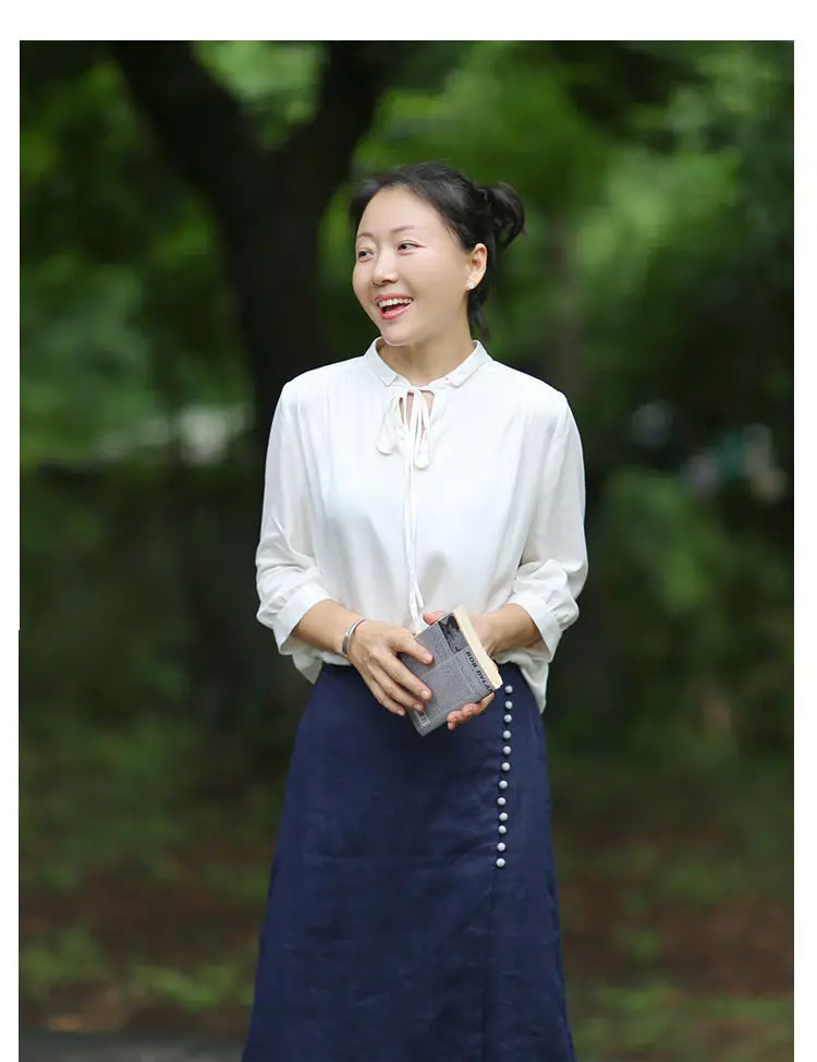 Literary Cotton Linen Split Skirt Women Single Breasted Midi A-Line Skirts Vintage Asymmetric Skirts Slimming