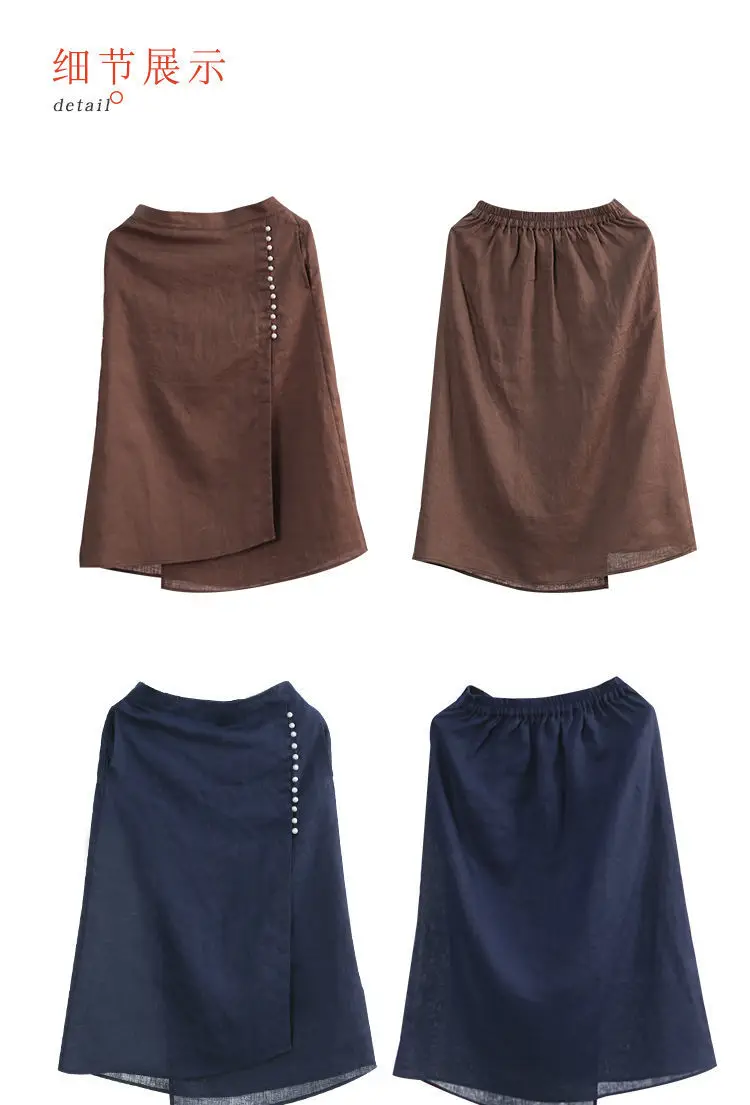Literary Cotton Linen Split Skirt Women Single Breasted Midi A-Line Skirts Vintage Asymmetric Skirts Slimming