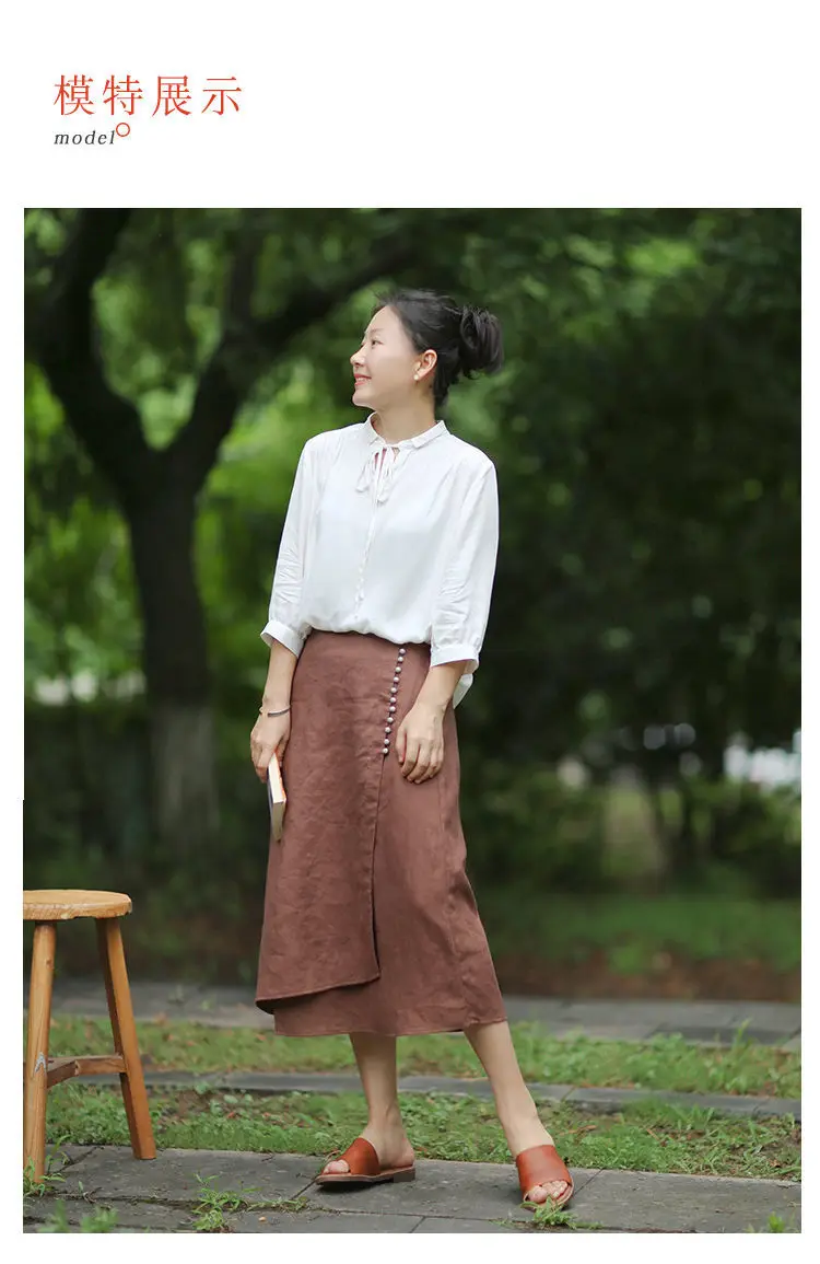 Literary Cotton Linen Split Skirt Women Single Breasted Midi A-Line Skirts Vintage Asymmetric Skirts Slimming