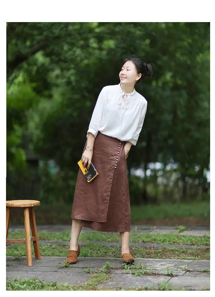 Literary Cotton Linen Split Skirt Women Single Breasted Midi A-Line Skirts Vintage Asymmetric Skirts Slimming