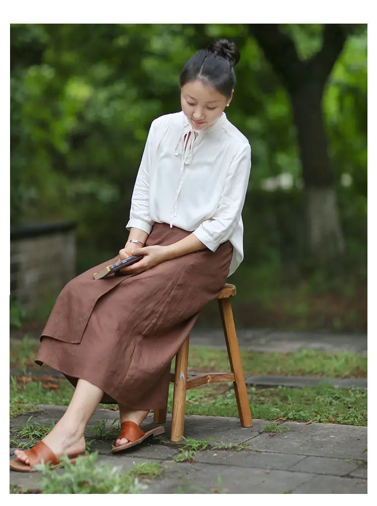 Literary Cotton Linen Split Skirt Women Single Breasted Midi A-Line Skirts Vintage Asymmetric Skirts Slimming