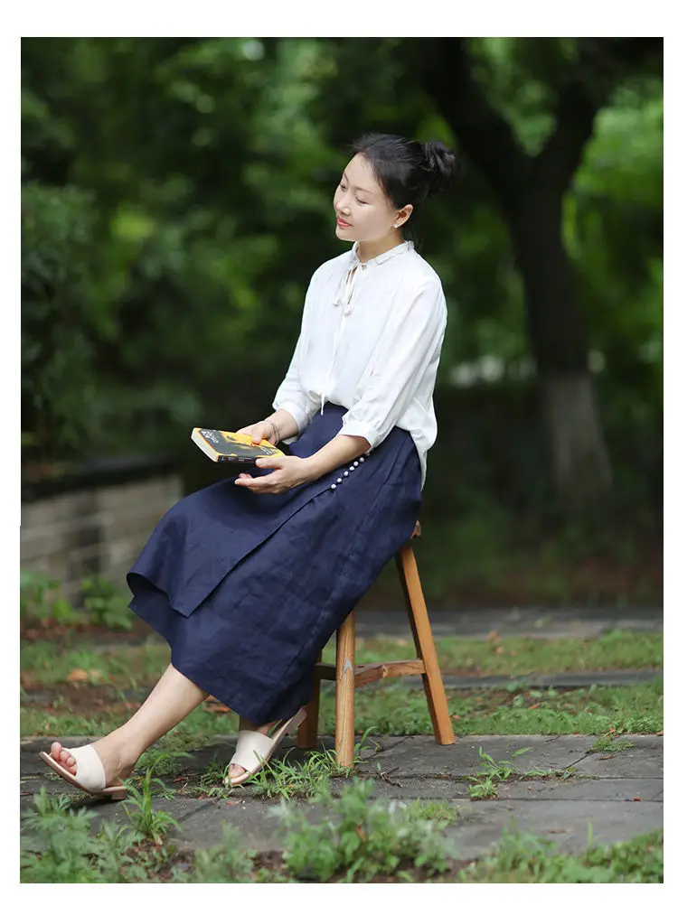 Literary Cotton Linen Split Skirt Women Single Breasted Midi A-Line Skirts Vintage Asymmetric Skirts Slimming
