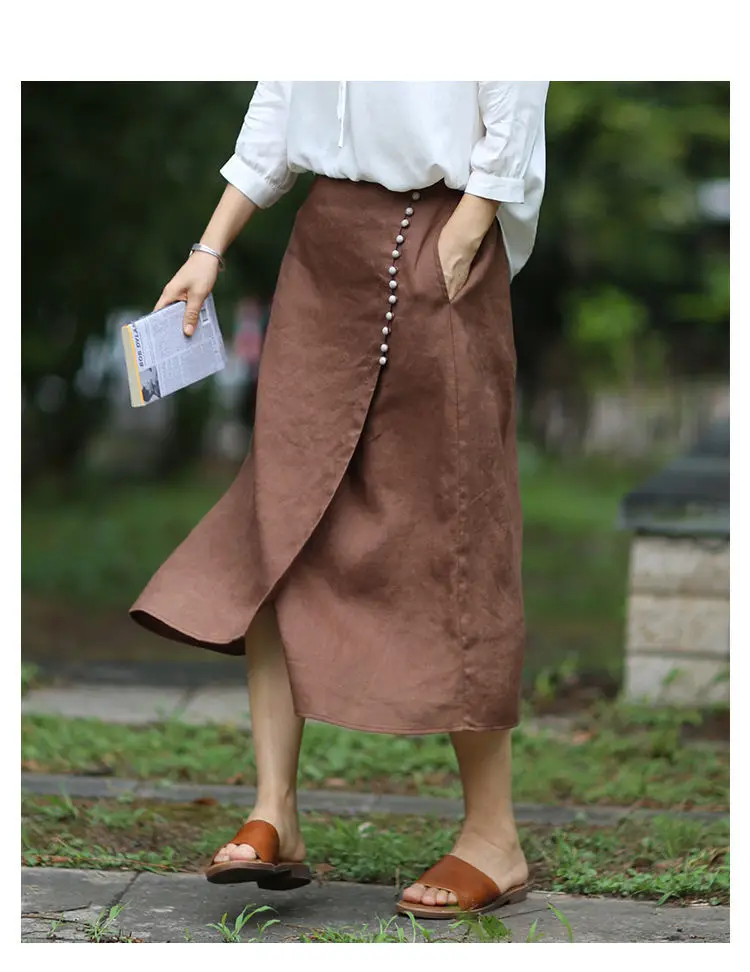 Literary Cotton Linen Split Skirt Women Single Breasted Midi A-Line Skirts Vintage Asymmetric Skirts Slimming