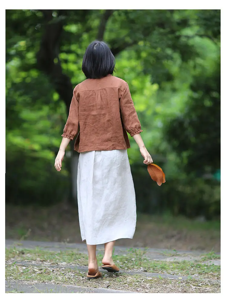 Literary Cotton Linen Split Skirt Women Single Breasted Midi A-Line Skirts Vintage Asymmetric Skirts Slimming
