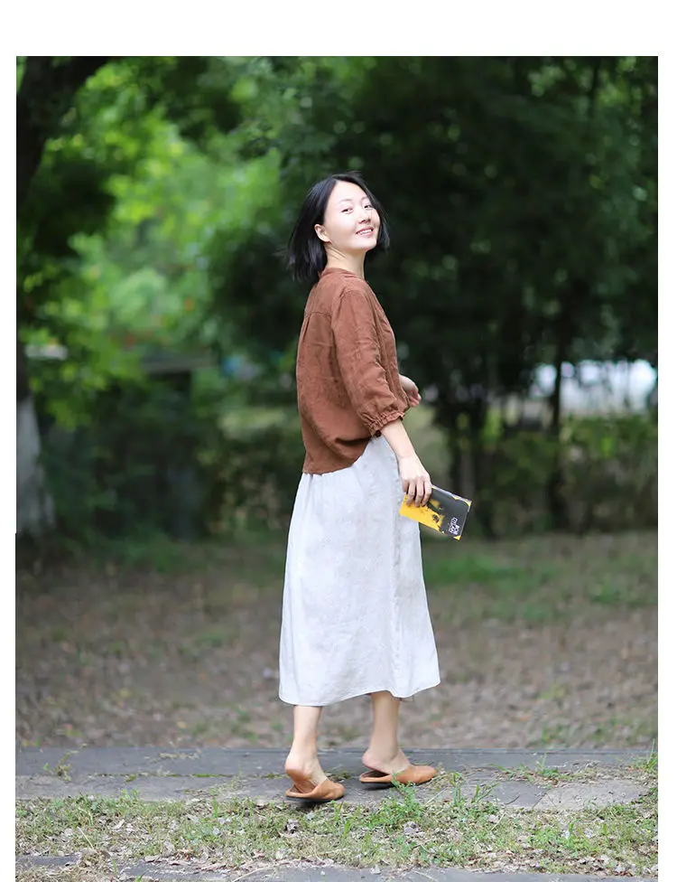 Literary Cotton Linen Split Skirt Women Single Breasted Midi A-Line Skirts Vintage Asymmetric Skirts Slimming