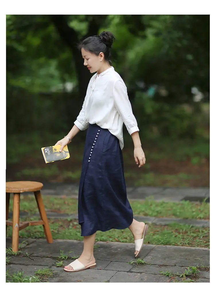 Literary Cotton Linen Split Skirt Women Single Breasted Midi A-Line Skirts Vintage Asymmetric Skirts Slimming