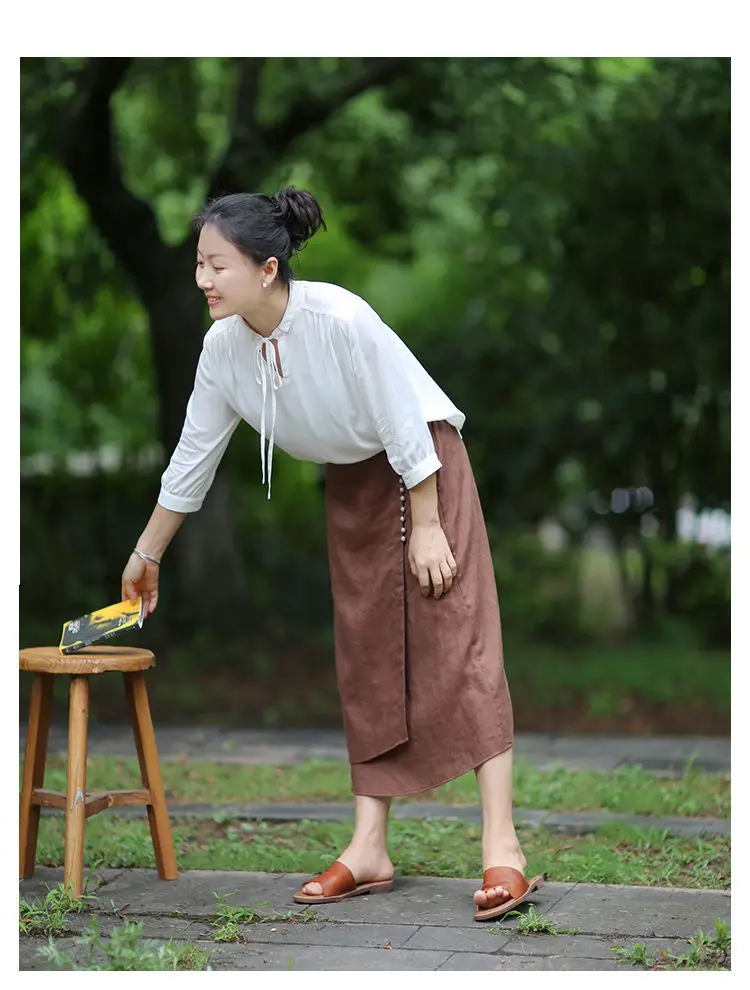 Literary Cotton Linen Split Skirt Women Single Breasted Midi A-Line Skirts Vintage Asymmetric Skirts Slimming