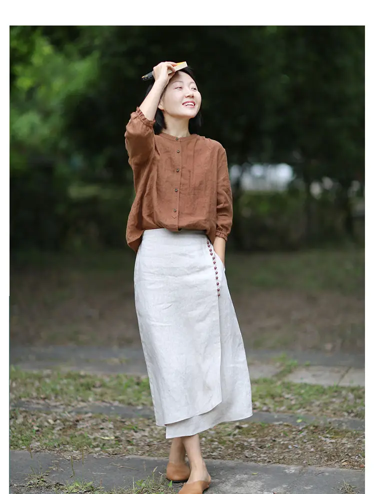 Literary Cotton Linen Split Skirt Women Single Breasted Midi A-Line Skirts Vintage Asymmetric Skirts Slimming
