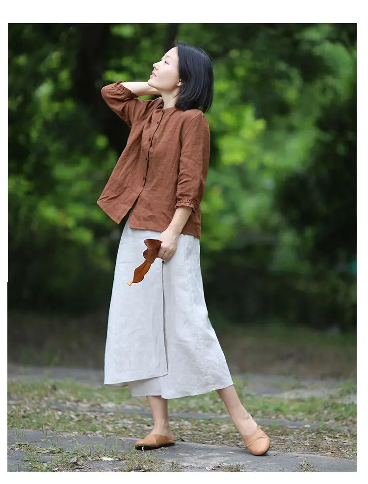 Literary Cotton Linen Split Skirt Women Single Breasted Midi A-Line Skirts Vintage Asymmetric Skirts Slimming