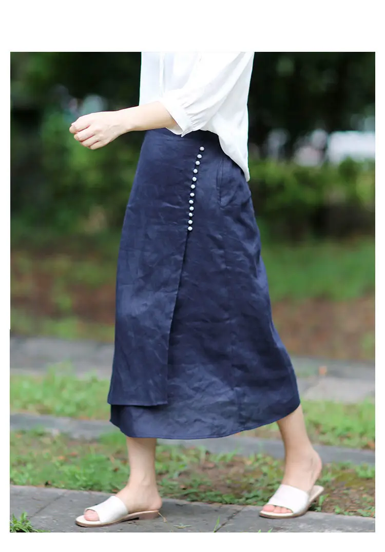Literary Cotton Linen Split Skirt Women Single Breasted Midi A-Line Skirts Vintage Asymmetric Skirts Slimming