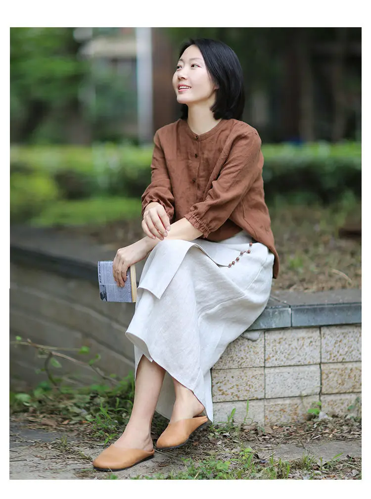 Literary Cotton Linen Split Skirt Women Single Breasted Midi A-Line Skirts Vintage Asymmetric Skirts Slimming