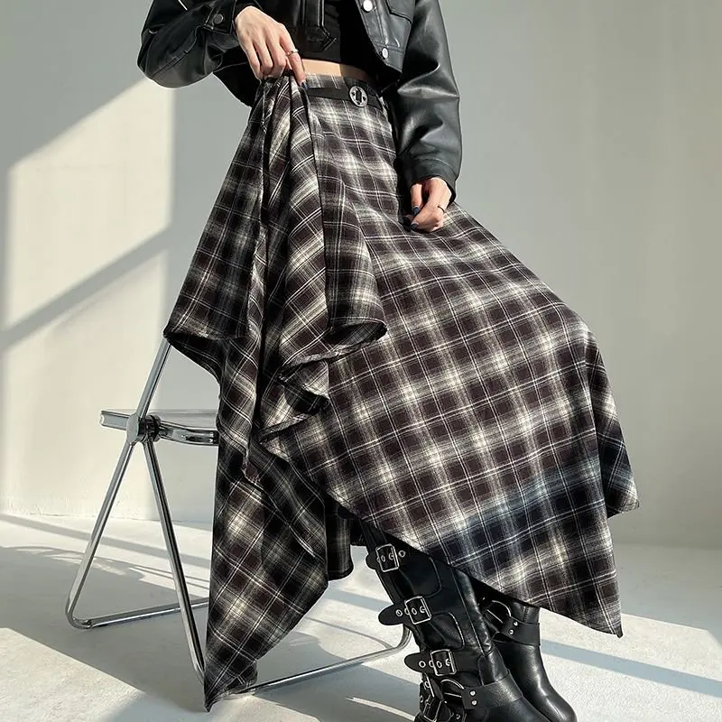 Long Skirts Women Woolen Skirt 2025 Goth Lolita Autumn Winter High Waist Ruffles Asymmetrical Plaid Skirt Maxi With Belt