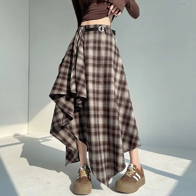 Long Skirts Women Woolen Skirt 2025 Goth Lolita Autumn Winter High Waist Ruffles Asymmetrical Plaid Skirt Maxi With Belt