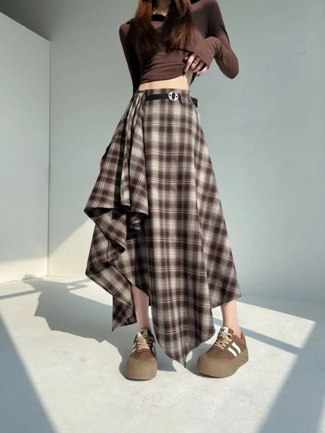 Long Skirts Women Woolen Skirt 2025 Goth Lolita Autumn Winter High Waist Ruffles Asymmetrical Plaid Skirt Maxi With Belt